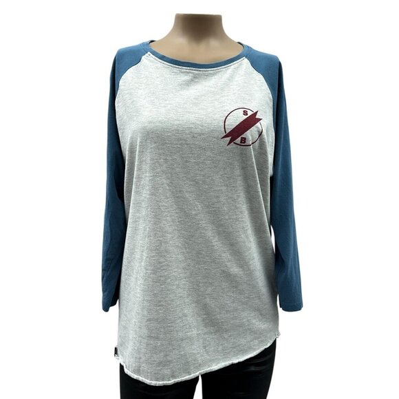 Superbrand Baseball T-Shirt 3/4 Sleeve Raglan Tee Crewneck Gray & Blue Womens M - Picture 1 of 8